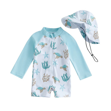Kids Boys Summer Swimwear Casual Dinosaur/Sea Creature Print Zipper Rash Guard Swimsuit and Hat Beachwear Bathing Suit