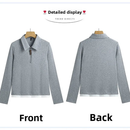 False Two-piece Design Polo Collar Shirt Women's Long Sleeve Cotton T-Shirt Solid Color Business Casual Blend Top Fashion Style
