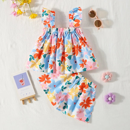 2 Pieces Set Summer Baby Girl Clothes Set Colorful Flower Printed Top with Shorts Baby Girl Korean Outfit
