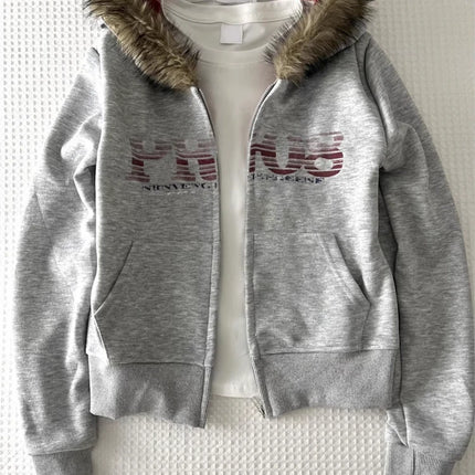Women American Vintage Letter Print Jacket Antumn Winter Y2K Harajuku Faux Fur Hooede Hoodie Sweet Fashion Hot Girl Sweatshirt