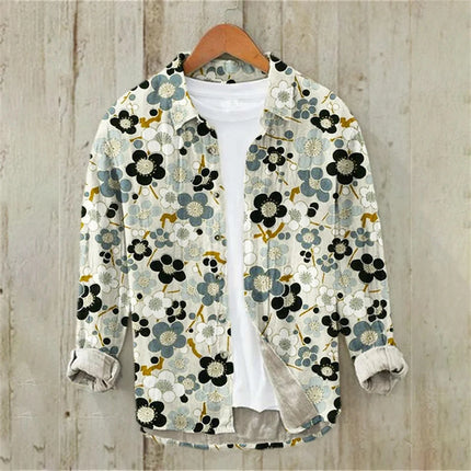 Men's Long Sleeve Shirt Linen Shirt Art Floral Illustration Japanese Retro Casual Comfort Extra Large Size Men's Clothing