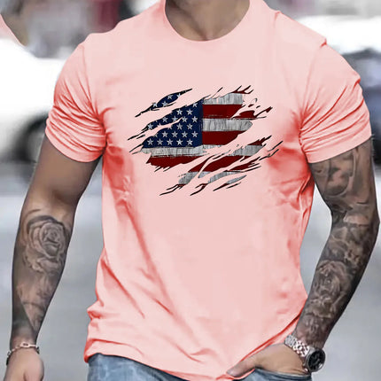Men's Summer Casual Loose Size 100% Cotton Trendy American Flag Pattern Print Round Neck Short Sleeve T-shirt Top