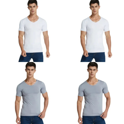 4Pcs Summer Ice Silk Men T-Shirt Vest Men's No Trace Sports Short Sleeve T-shirt Solid V-neck Tees Quick Dry Shirt Tops Fitness