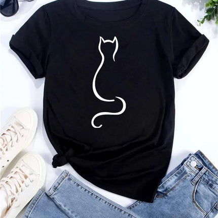 Pure Cotton Breathable Children's T-shirt 2026 Fun Cat Cartoon Print Fashionable Parent-child Outfit Men's and Women's Top