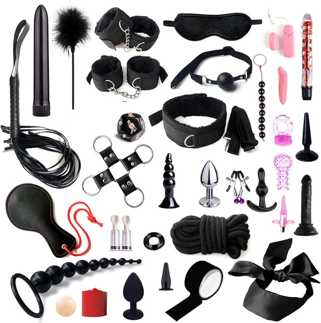 Fetish BDSM Kit Set Sex Toy Handcuffs for Woman Adult Supplies Handcuffs Whip Anal Plug Vibrator Bondage Rope Sexual Sexy Game