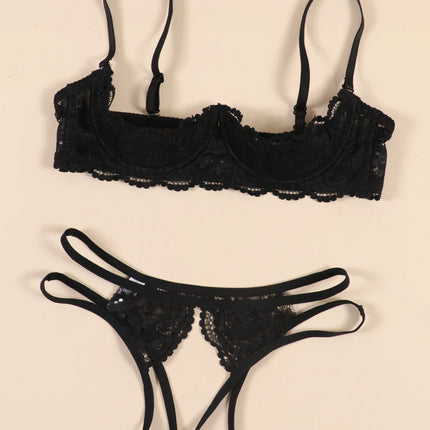 Lace Crotchless Bra G-string Set 2pcs Erotic Cutout Bra Open Cup Bra Hollow Out Underwears Women Lingerie