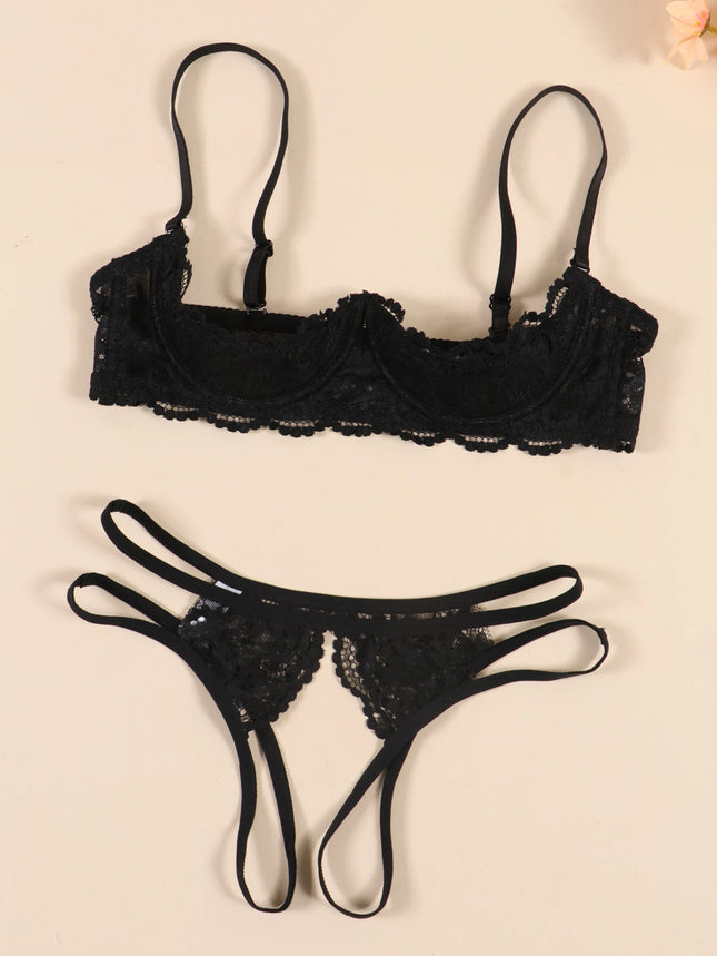 Lace Crotchless Bra G-string Set 2pcs Erotic Cutout Bra Open Cup Bra Hollow Out Underwear Women Lingerie