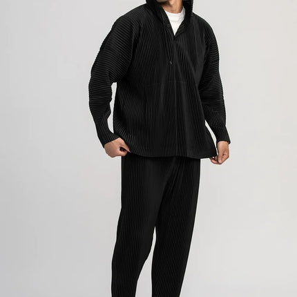Miyake Pleated Straight Pants Men Clothing Black Pencil Cropped Pants Street Wears Men Japanese Style Ankle Length Pants