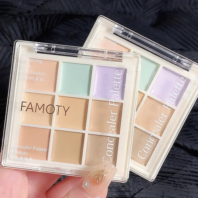 FAMOTY 9 Colors Concealer Palette Full Coverage Cover Blemish Acne Dark Circles Tear Trough Brighten Skin Tone Long Lasting Make