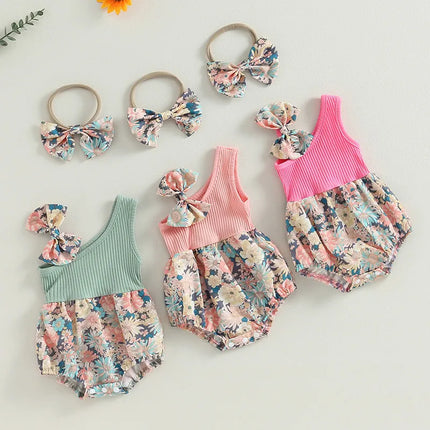 0-18months Baby Girl Summer Bodysuit Floral One Shoulder Romper and Stretch Headband Playsuit for infant girls