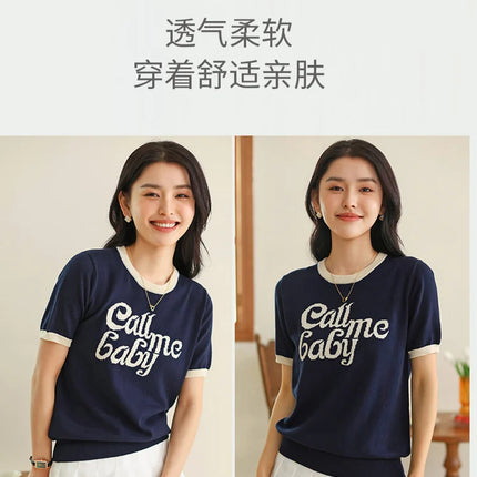 New women's short-sleeved 100% cotton knitted O-neck women's T-shirt Korean version fashionable hot selling top