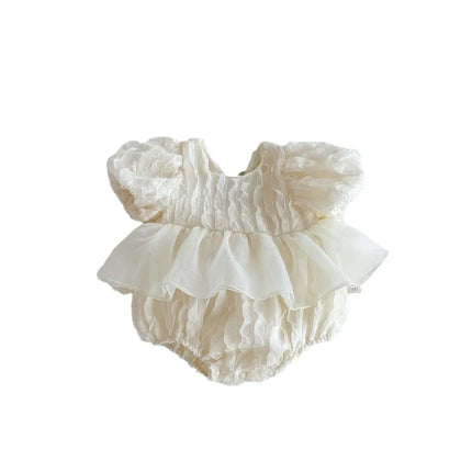 Children's Summer New Bubble Sleeve Short Sleeved Jumpsuit, Baby Children's Sweet Tulip Backless Lace Clothing