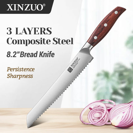 XINZUO 8.2 Inches Bread Knife High Hardness Steel 3 Layers Composite Steel Hardness 60±1HRC Wooden Handle Cut Bread Cake