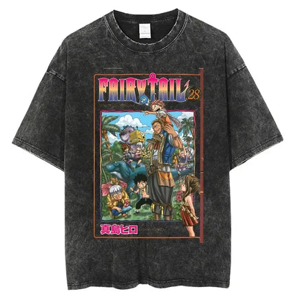 FAIRY TAIL Anime Manga Peripherals T-shirt Natsu Lucy Happy Gray Graphic Print Washed Vintage Short Sleeve Men Women Cotton Tee