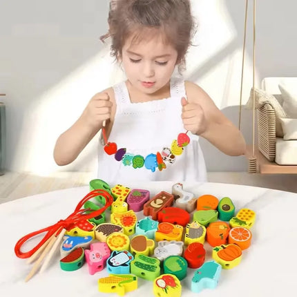 Montessori Educational Stringing Threading Wooden Beads Toys Cartoon Fruit Animal DIY Early Learning Toy for Kids Christmas Gift