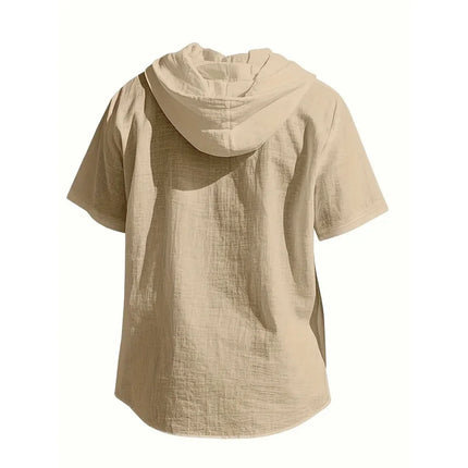 Men's Cotton Linen Shirt, Hooded, Short Sleeve, Solid Color, Breathable, Lightweight, Drawstring Design, Casual Basic Tees