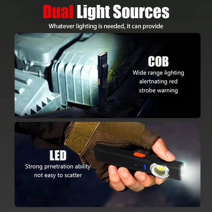 Portable RechargeableLED COB Dual Light Source Handheld Flashlights With 6 Lighting Modes/Magnet Mini Clip Flood Work Light