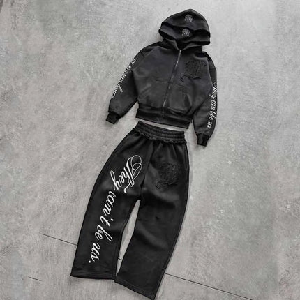 Trendy Creative Applique Letter Print Double Hat Design Zippered Hoodie Loose Casual Couple Straight Leg Sweatpants