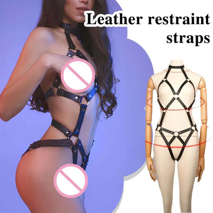 Leather BDSM Harness Lingerie Set Gothic Fetish Bra Suspenders Bodysuit for Women Erotic Wear