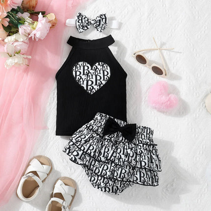 Newborn Summer Cute Casual Lmitation Brand Printed Neck Strap Sleeveless Top And Double Lace Bow Triangle Pants Set