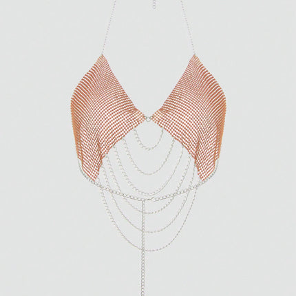 AKYZO Elegant Shiny Rhinestoned V-Neck Halter Crop Top Chic Backless Metal Chain Tassel Tank Top Perfect For Every Season