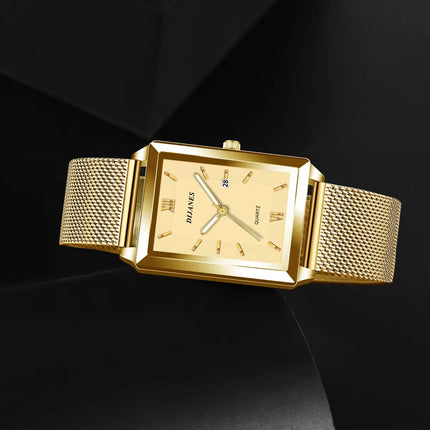Luxury Men's Golden-Tone Business Watch,Rectangular Dial Quartz Movement, Mesh Band Analog Display Durable & Stylish Timepiece