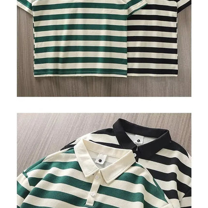 Japanese Sle Striped  irt ort Sve Loose Casual Loose Collar Base irt Heavy T-irt Trendy Brand Breathable