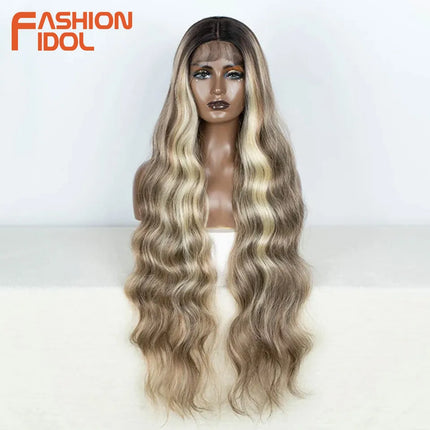 FASHION IDOL 36inch/90cm Body Wavy Lace Wigs Synthetic High Temperature Fiber Ombre Blonde Natural Hair Lace Front Wigs Cosplay