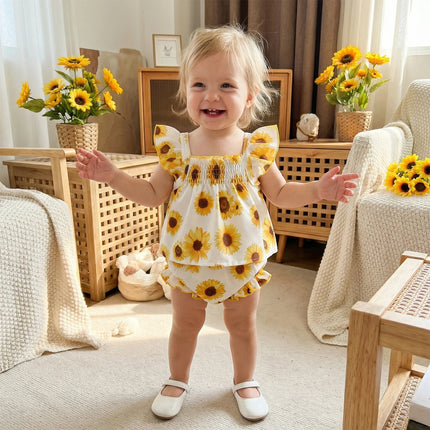 Baby Girl Summer 2Pcs Outfits Watermelon/Sunflower/Ocean Print Ruffled Trim A-Line Flying Sleeve Square Neck Tops and Shorts Set