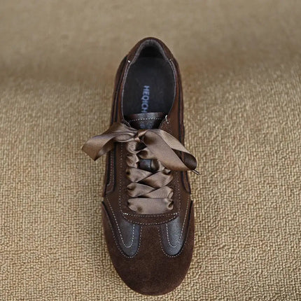 Suede Retro Lace Up Casual Flat Shoes Women Comfort Shallow Autumn Footwear Female Brown Genuine Leather Ballet Sneakers Women