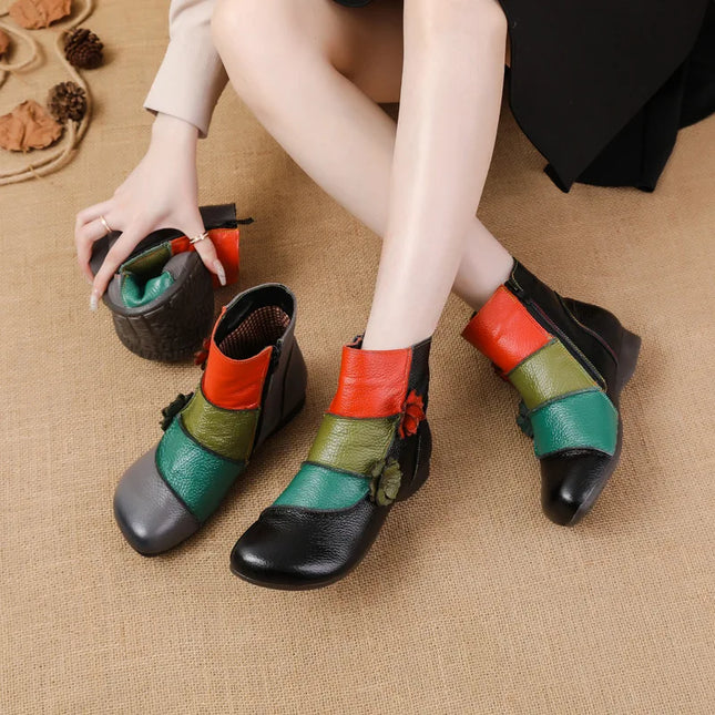 WOIZGIC Mother Women's Genuine Leather Boots Female Ankle Shoes Zipper Ethnic Style Autumn Plush Fur Warm Flower