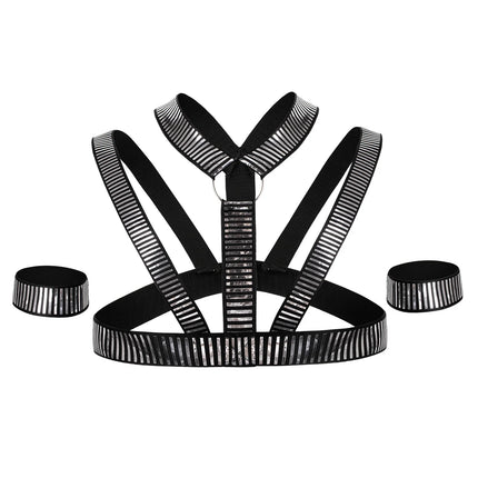 Sexy Men Harness with Armbands Set Erotic Bondage Lingerie Elastic Halter Body Belt Shiny O Ring Fetish Costumes