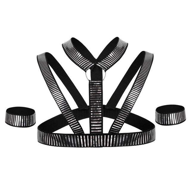 Sexy Men Harness with Armbands Set Erotic Bondage Lingerie Elastic Halter Body Belt Shiny O Ring Fetish Costumes