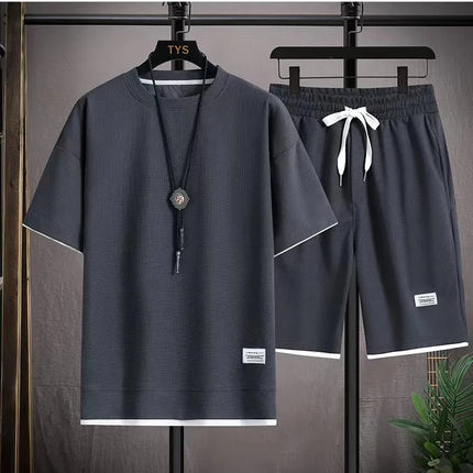 2026 new Summer Men's Waffle Sets Casual T-Shirt And Shorts Set Male Sports Suit Solid Color Tracksuit Loose Suits