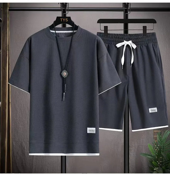 2026 new Summer Men's Waffle Sets Casual T-Shirt And Shorts Set Male Sports Suit Solid Color Tracksuit Loose Suits