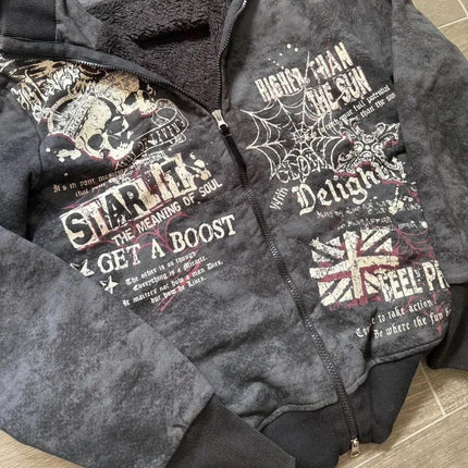 American Fashion New Skull Print Hoodie Women Y2K Vintage Rock Hip Hop Gothic Popular Casual Joker Plus Velvet Padded Sweater