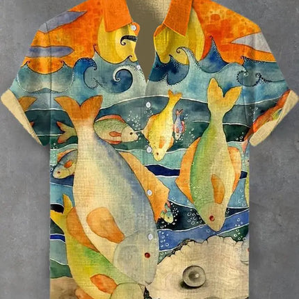 Summer Men's Casual Sea Life Graphic Short Sleeved Shirt Button Down Lapel Shirts Oversized Tops Casual Hawaiian Shirt for Men