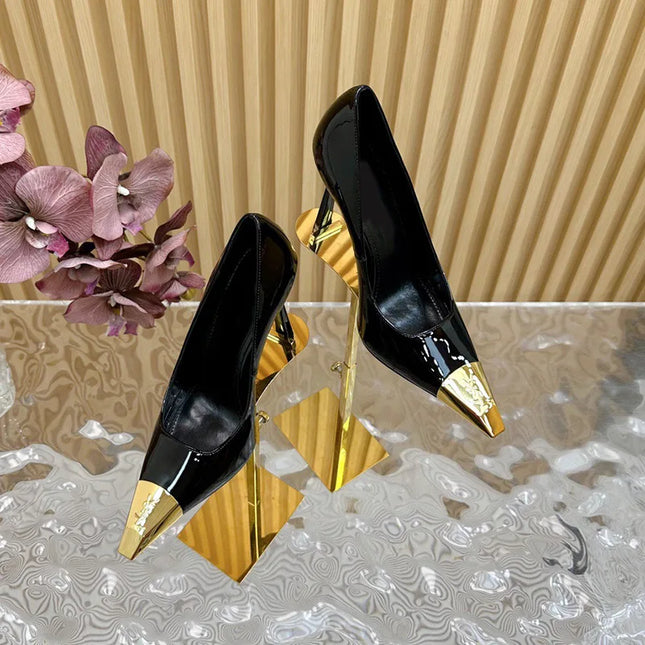 Runway Fashion YS Metal Square Toe Stiletto Heels Women's Baotou Sandals Black Pumps Color Block Glossy Design Shoes Luxury Shoe
