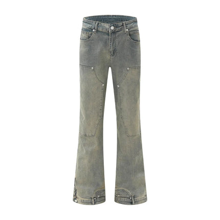 Double Knee Denim Flare Pants Mens Retro High Street Spring Loose Pocket Washed Distressed Carpenter Jeans Men