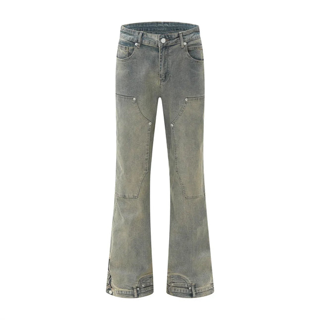 Double Knee Denim Flare Pants Mens Retro High Street Spring Loose Pocket Washed Distressed Carpenter Jeans Men