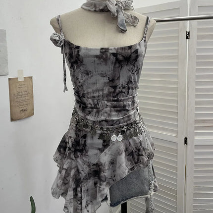 Women's Vintage Tie-dye Printed Mesh Spaghetti Strap Camisole Hot Girl Irregular Ruffled Ribbon Sleeveless Top Partyclub 1185