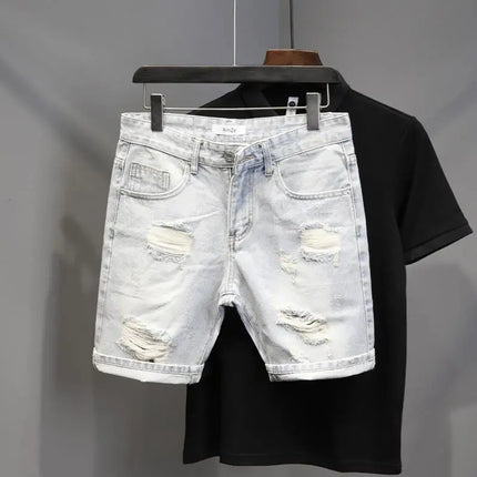 Summer Old Light White Cat Whisker Ripped Denim Four-and-five Pants Men's Slim-fitting Small Feet Versatile Trend Short Pants