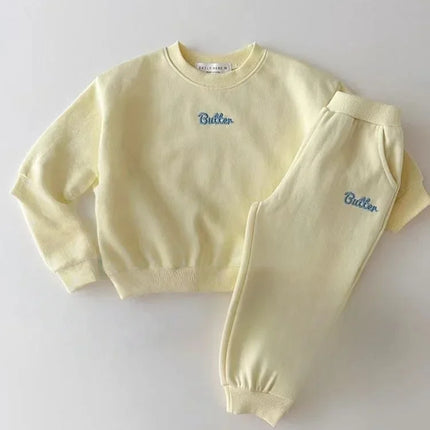 Casual Kids Tracksuit Set for Boys Girls Pure Cotton Solid Color Embroidered "Butter" Sweatshirt Pants Spring Autumn Wear