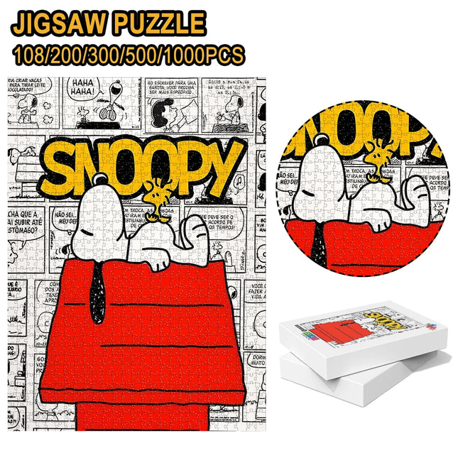 Snoopy on Red Doghouse with Woodstock Vintage Comic Strip Style Wooden Jigsaw Puzzle 108/200/300/500/1000pcs Color Box
