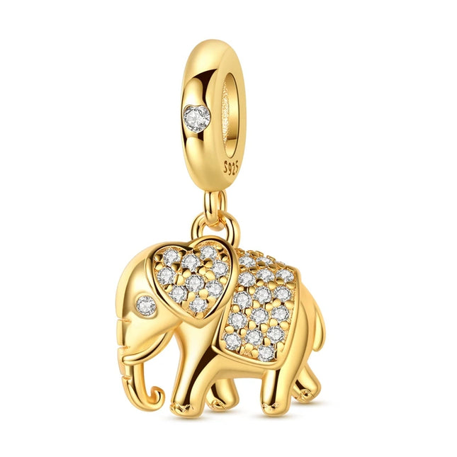 Original 925 Sterling Silver Charms Bead Gold Elephant Pendant Fit Original Bracelet Necklace For Women DIY Jewelry Gift