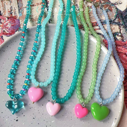 Candy Color Heart Pendant Blue Green Glass Beaded Contrast Design Necklace Girl 2026 Summer Fashion Female Jewelry Accessories