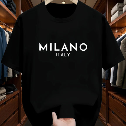 Men's 100% Pure Cotton Fashionable Casual Loose Italian Style Milan Letter Print Round Neck Short Sleeve T-Shirt Top