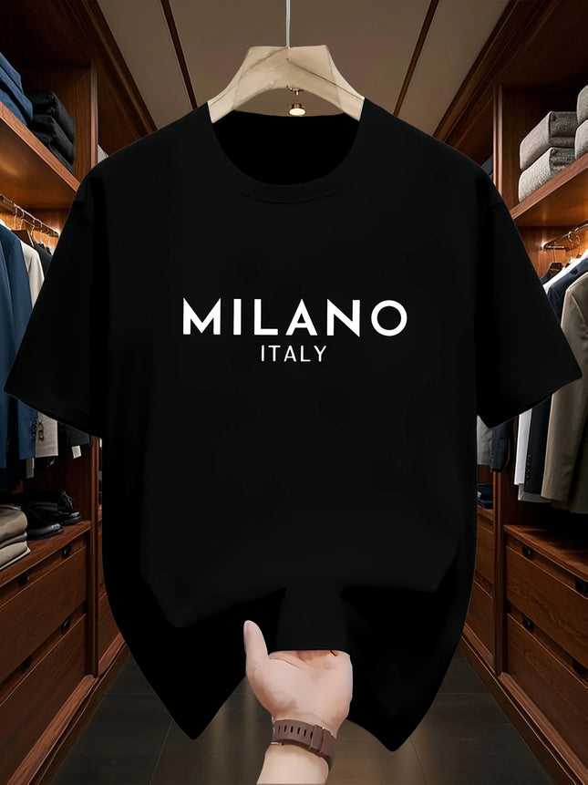 Men's 100% Pure Cotton Fashionable Casual Loose Italian Style Milan Letter Print Round Neck Short Sleeve T-Shirt Top