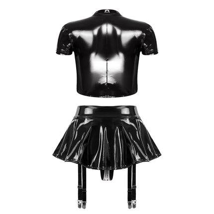 Womens 2 Piece PU Leather Rave Outfits Wet Look Cut Out Underwired Crop Top with Flared Miniskirt Nightclub Pole Dance Costume