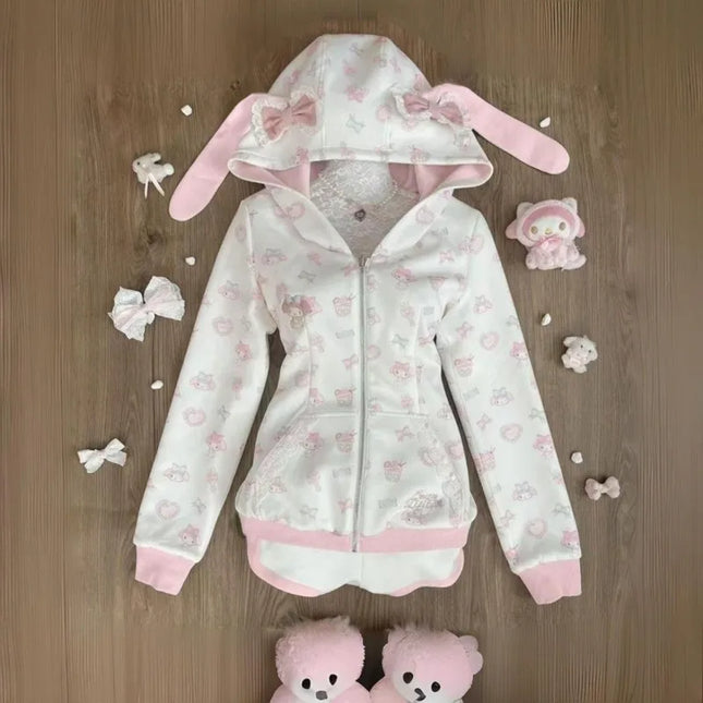 Harajuku Japanese Kawaii Sweatshirts Cartoon Rabbit Print Hoodie Y2k Pink Subculture Bow Zip Up Hoodie Women Slim Anime Hoodie